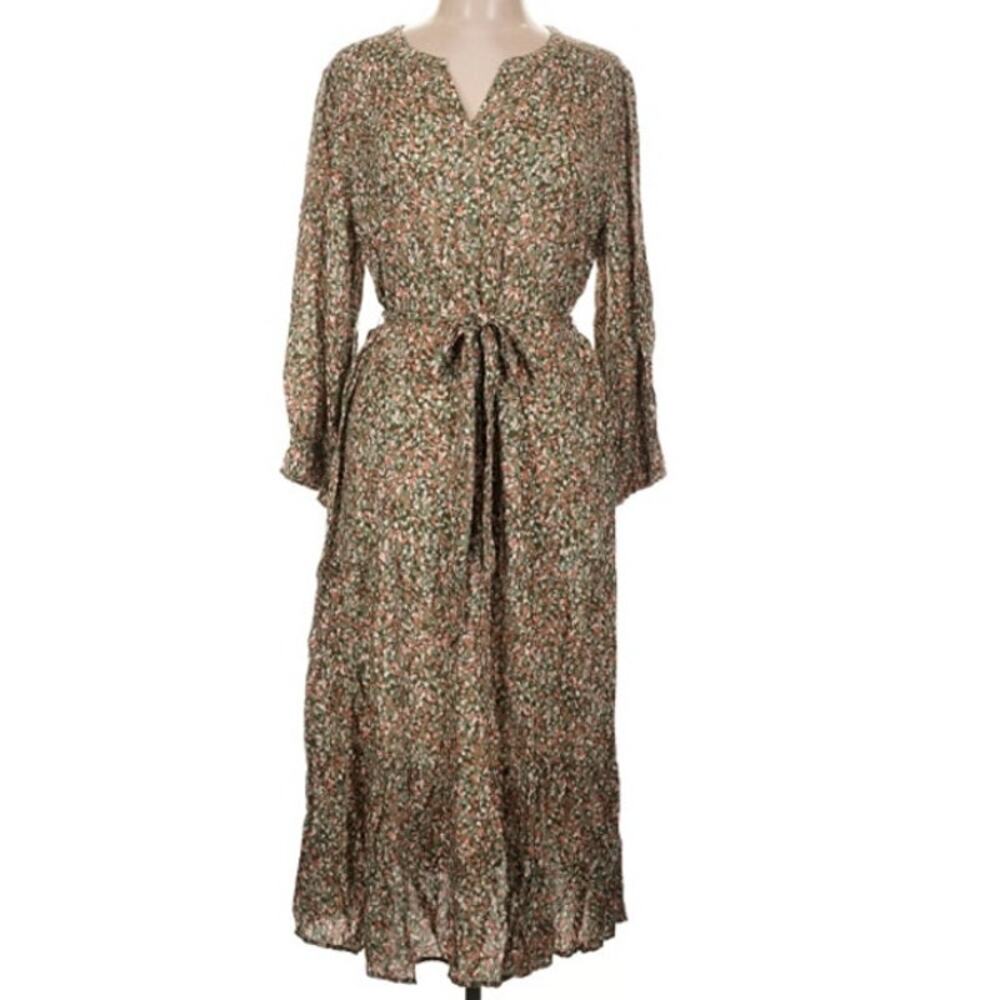Beach Lunch Lounge V-Neck Prairie Midi Dress Large Belted Artsy Print Soft